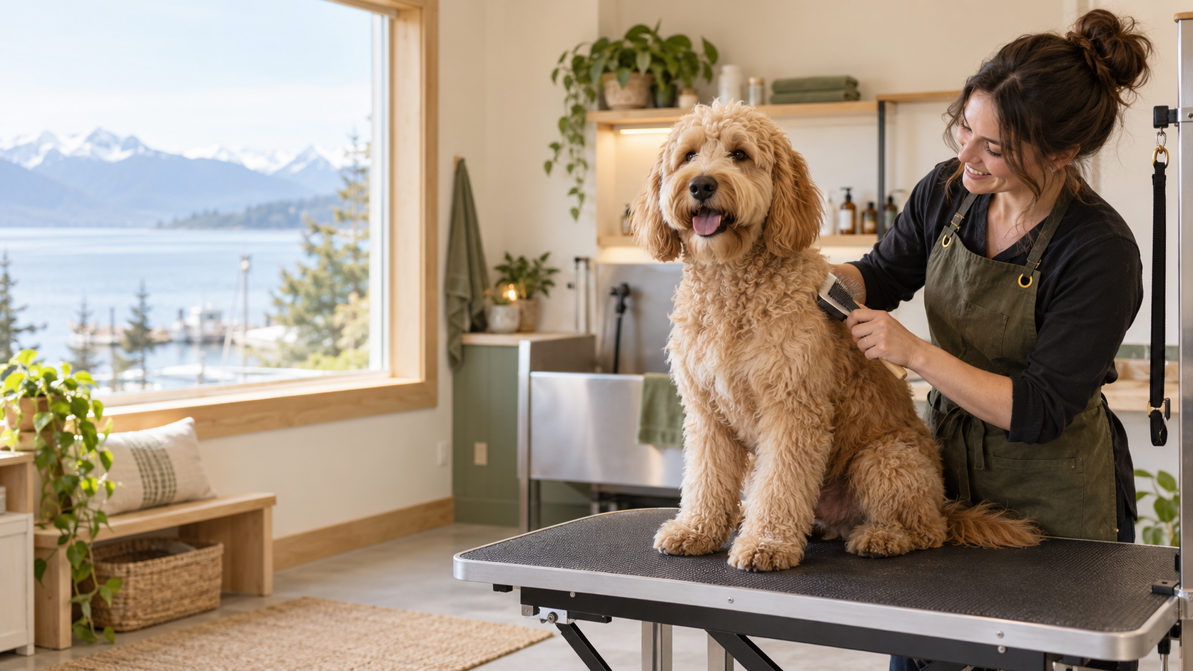 A groomer brushing a golden doodle in a warm grooming studio