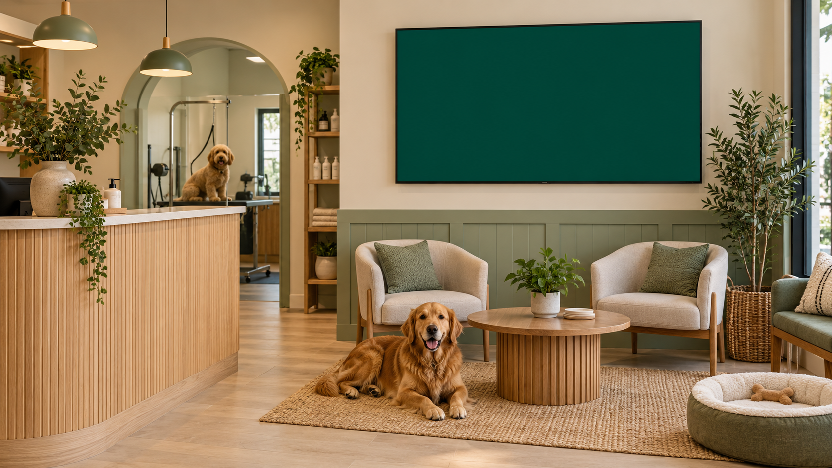 Fictional grooming salon waiting room with a monitor for the welcome display
